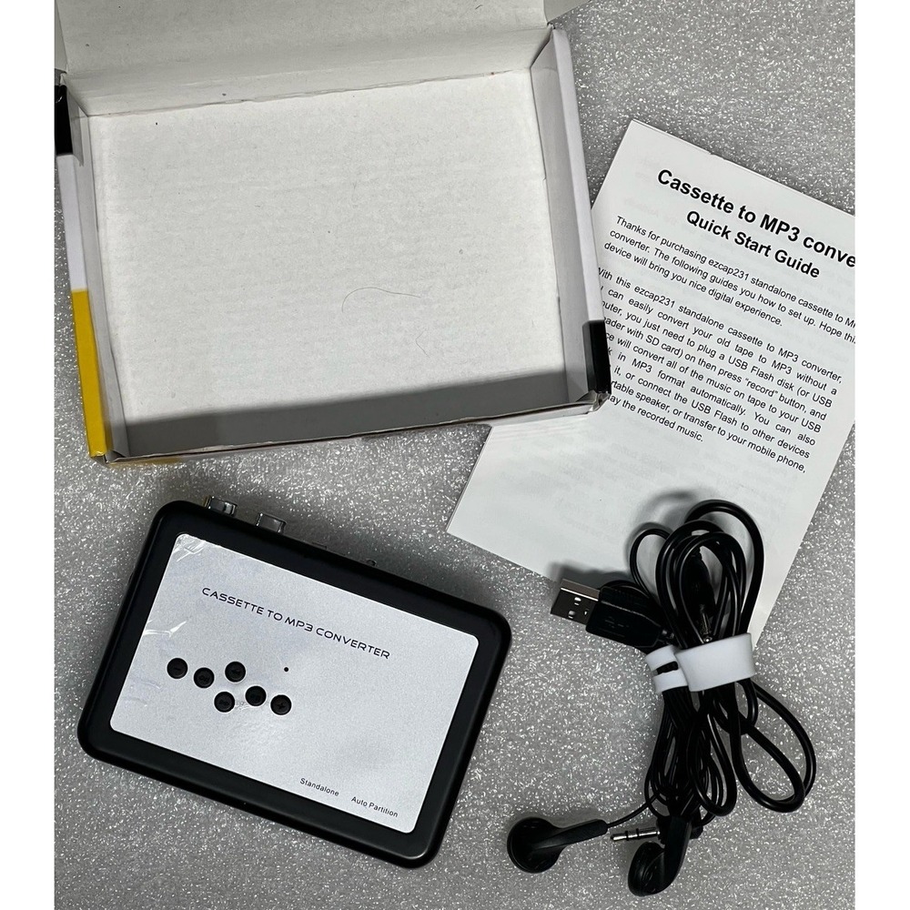 Cassette Tape to MP3 Converter USB Audio Capture Cable-Earphones-Manual Tested